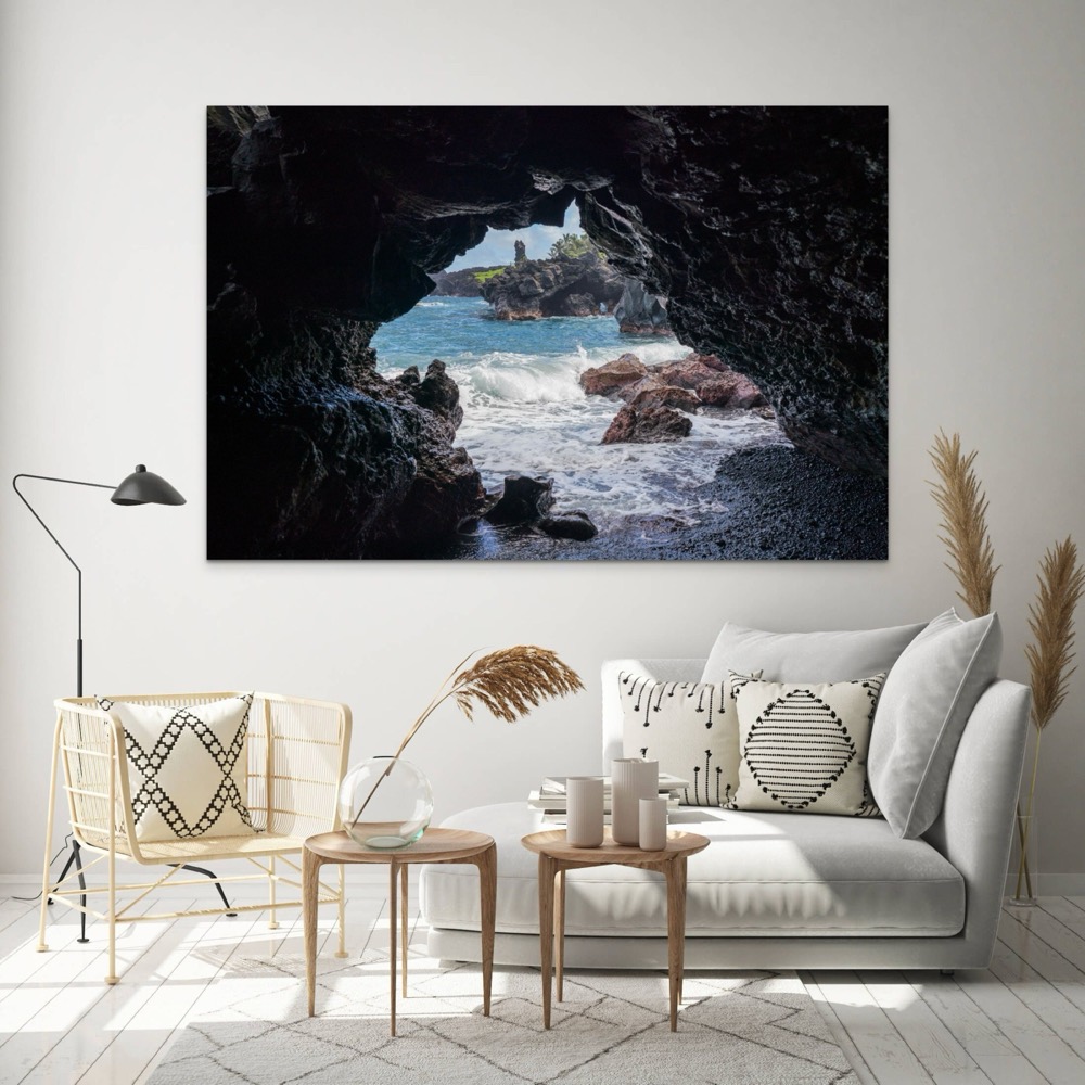 Maui black sand ocean cave coastal wall art metal print